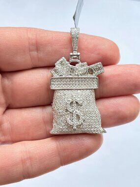 NWT Large Sterling Silver 2.77ct Pave Round Moissanite Money Bag Pendant